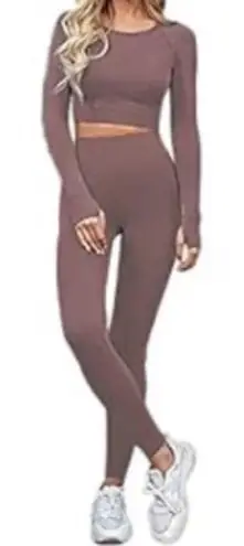 Seamless Ribbed Mauve Pink Long Sleeve Crop Top and Leggings Workout Set, Size S Brown