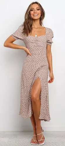 Petal and Pup Franklin Print Puff Sleeve Midi Dress Dot Tan Beige Size 0