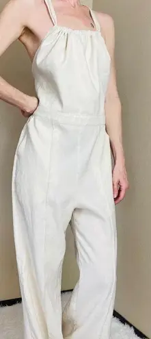 Jonathan Simkhai Ivory Cream Wide Leg Open Back Button Detail Linen Jumpsuit