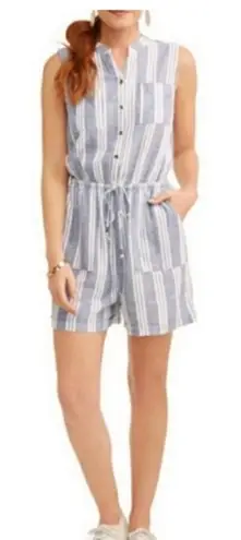 Blue and White Striped Romper Collared Neckline Size M