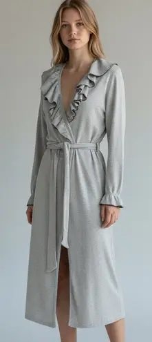 Chaser  Ruffle Trim Belted Cardigan Medium Gray Ribbed Knit Longline Open Front thumbnail 1