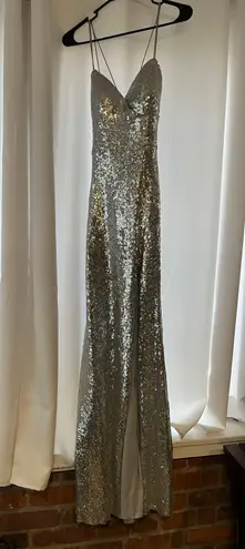 B Darlin Silver-Sequin Slit Prom Dress