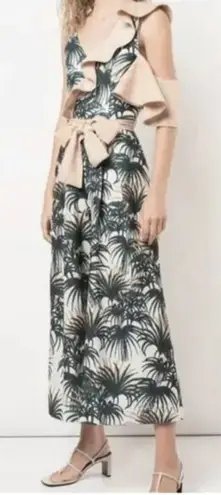 PatBo Plunge Neckline Green Tropical Palm Print One Shoulder Jumpsuit SZ 8 NWT