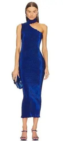 L’IDEE Regal Blue 90s One Shoulder High Neck Satin Plisse Lettuce Hemline Dress Size 10