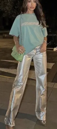 ZARA ‎ Boy Fit Jeans Boyfriend Mid Rise Button Fly Silver Metallic Size US 0