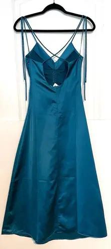 Jason Wu  Teal Turquoise Satin Tie Strap low black slip midi dress ruched XS