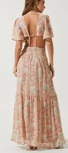 ASTR The Label Short Sleeve Cut Out Floral Tiered Sedona Maxi Dress Multi XS Pink