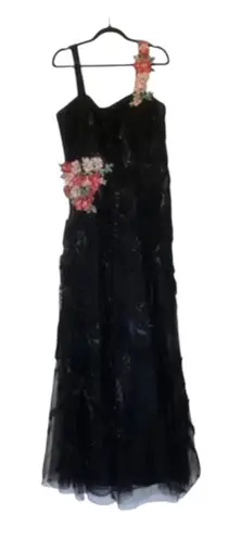 Teri Jon By Rickie Freeman Black Metallic Tiered Sleeveless Gown Size 14 NWT