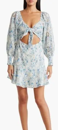 En Saison Claire Floral Blue Eyelet Open Front Long Sleeve Mini Dress Sz Medium