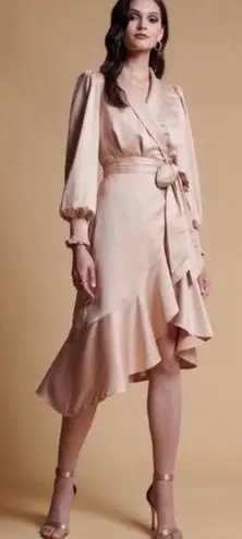 Rachel Parcell long sleeve satin wrap dress beige sand, New with Tags
