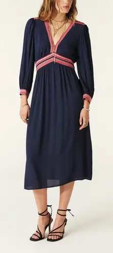 Ba&sh Robe Tanina Navy Blue Embroidered V-Neck Midi Dress NWT
