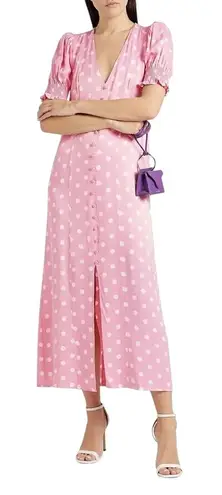 Sleeper Polka Dot Charmeuse Pink Maxi Button Down Dress Small