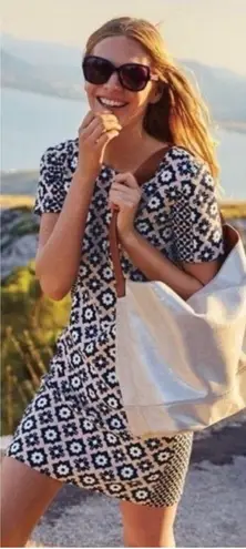 Boden Pippa Geo Floral Print Stretch Cotton Shift Dress Blush & Navy Blue Sz 10