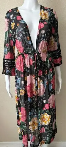 L.I.F.E. | Women’s Floral Sheer Stretch Wrap Kimono Robe | Large Black