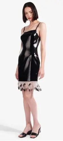 STAUD NWT Joan Yin Yang Dress Beaded Fringe Black Faux Leather Sleeveless sz 10