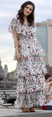 Walter Baker Sandra Cactus Bloom Ruffle Lace Up Maxi Dress Size 8