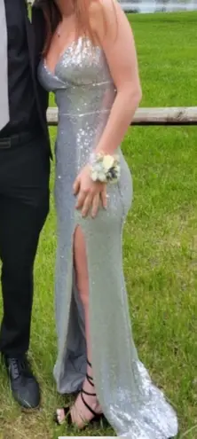 B Darlin Silver-Sequin Slit Prom Dress