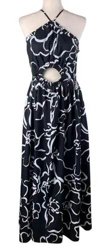 RUNAWAY THE LABEL Maxi Dress Size Large US 8 Black White Floral Key Hole Cutout