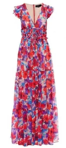 PatBO Violet V Neck Flutter Sleeve Maxi Dress in Size 0 NWT Cherry Maxi Ties New Red