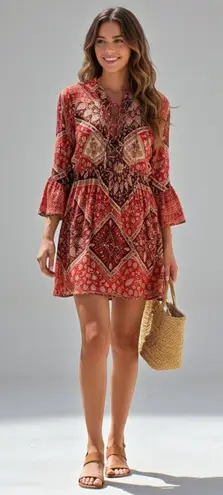 India Fashion Red Mandala Paisley Mini Dress Size M Size M