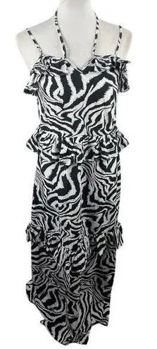 bigHit Zebra Print Halter Maxi Dress Ruffle Trim Sleeveless Black White M Black Size M