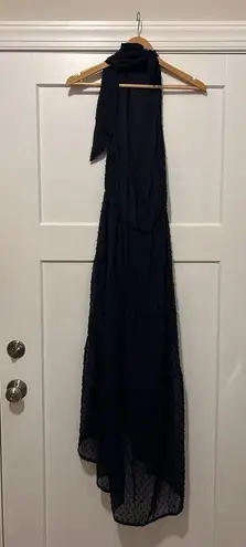 Pretty Garden Halter Backless Maxi Dress Women’s Size Medium Navy Blue Lined Dot