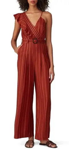 Three Floor Margaux Jumpsuit Womens 12 Burnt Orange Linen Striped Ruffle NO BELT