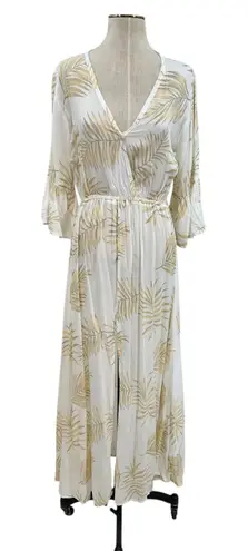 Tiare Hawaii Maxi Dress Kimono Sleeve Palm Print White Beige One Size