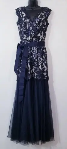 Tadashi Shoji Lace Tulle Sequins Mermaid Gown Long Dress with Belt