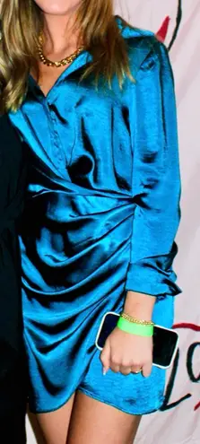 fab'rik Long Sleeved Teal Silk Short Dress