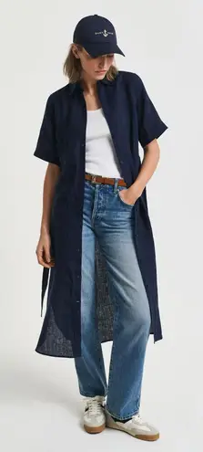 Gant 100% European Flax Linen Short Sleeve Navy Shirt Dress Midi Size 38 US 8 Blue