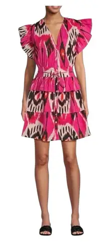 Ro's Garden Hunan Boyfriend Tiered Mini Dress Large Printed Cap Sleeve Pink NWT