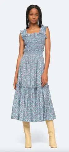 Sea New York Lilly Smocked Strawberry Print Midi Dress Blue