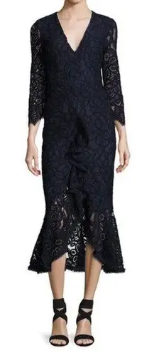 Alexis  Nadege Navy Crochet Lace 3/4-Sleeve V-Neck Midi Mermaid Dress Small Party