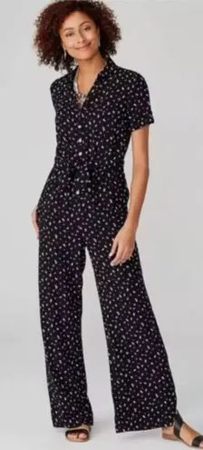 J Jill Black Floral Tie Waist Wide Leg Short Sleeve Casual Flowy Jumpsuit Sz L Size L