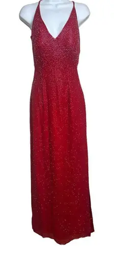 Scala Red Silk Beaded Plunge Neckline Dress Gown NWT Sz. PM