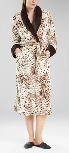 Natori Robe Womens Size XL Leopard Print Plush Shawl Collar Tie Waist Cozy Chic Brown