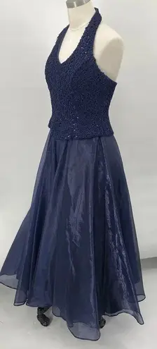 Vintage Y2k Gown Fit & Flare Halter Neck Embroidered Sequins Maxi Navy Blue XS