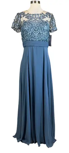 JS Collections Lace and Chiffon Evening Gown Blue Size 6 Short Sleeve Formal - Image 1