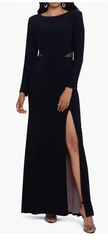 XScape Illusion Cutout Long Sleeve Black Gold Front Slit Evening Gown Size 4