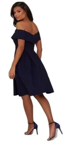 Chi Chi London Navy Bardot Wrap Skater Dress Size 8 Blue