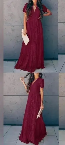 Merokeety V Neck Lace Wine ColorWedding Dress Bridesmaid Cocktail Maxi Dress