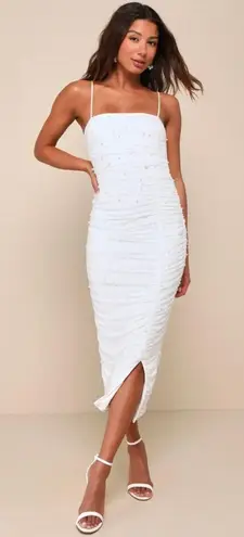 Lulus NWOT  Toast to Romance White Ruched Pearl Bodycon Midi Dress