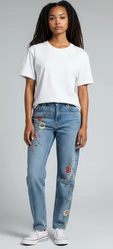 Floral Embroidered Straight Leg Jeans Blue Size 8