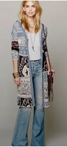 Free People Americana Cardigan Womens XS Duster Hooded Boho Patchwork Oversized Blue