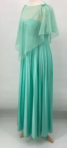 Vintage 70s Pleated Maxi Dress w Sheer Cape Mint Green Tie Spaghetti Strap Small