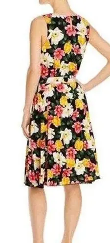 T Tahari Black Floral Print Sleeveless Pleated Belted Midi Dress Size Medium
