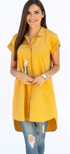 Evy's Tree The Harper Mustard Yellow Short Sleeve High Low Dress Pockets XS