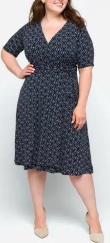 Stitch Fix NEW 41 Hawthorn Kaitlyn Surplice Faux Wrap Tie Waist Midi Dress Navy Geo Plus