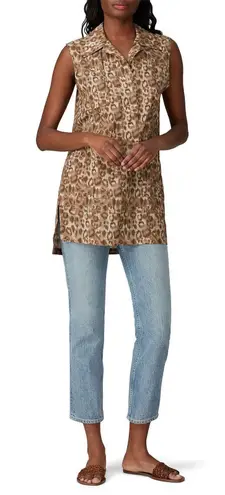 VICTOR ALFARO Brown Animal Print Sleeveless Front Hidden Button Placket Top L Size L
